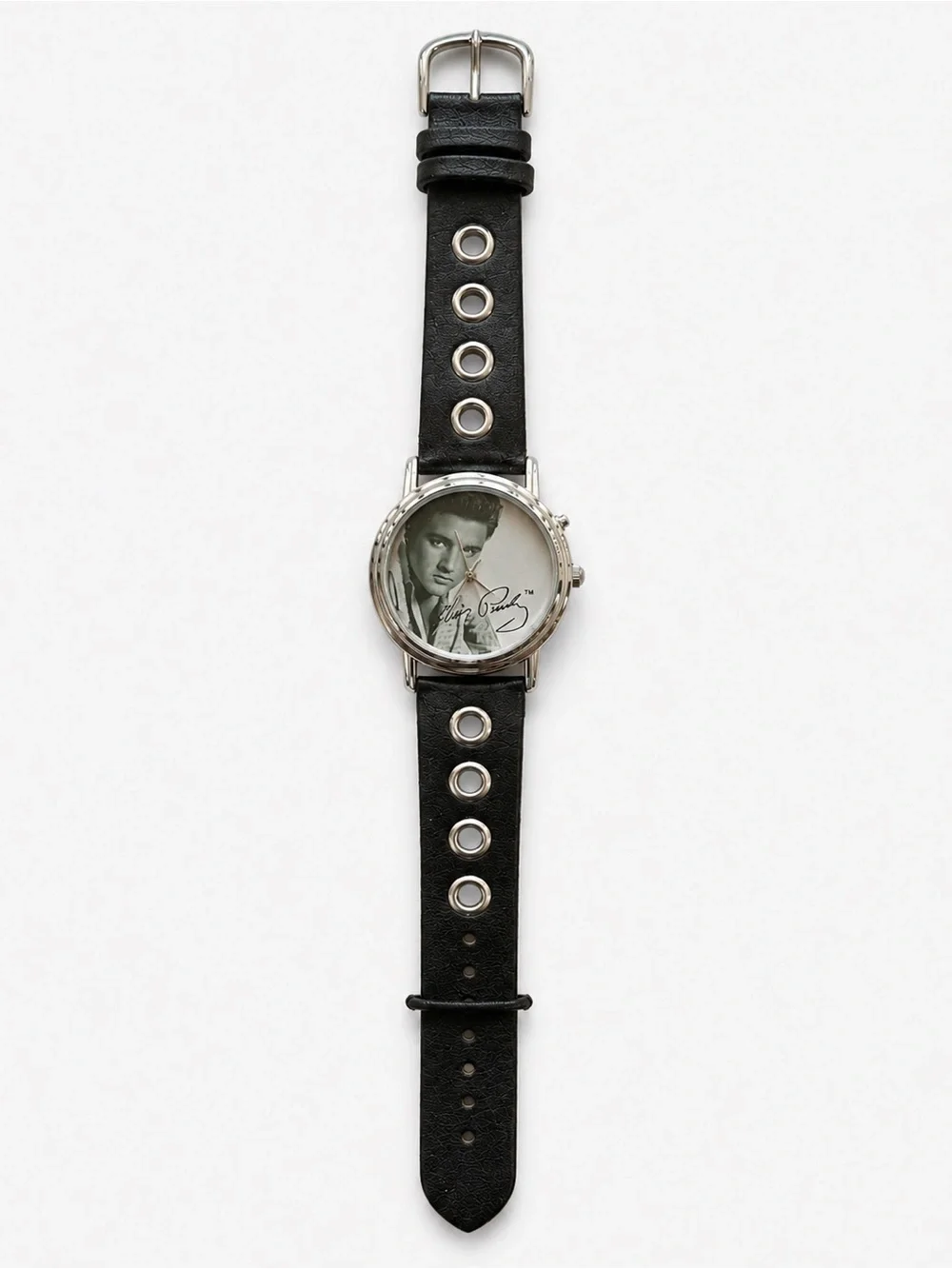 Elvis Presley - Black Leather Strap Silver-Tone Watch with Signature Dial